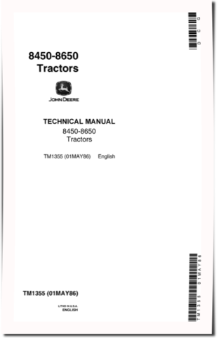 John Deere 8450 and 8650 4WD Articulated Tractors Repair Manual (tm1355)