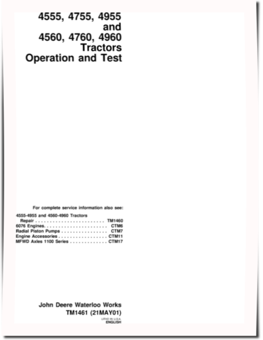 John Deere 4555, 4560, 4755, 4760, 4955 and 4960 Tractors Operation and Test Manual (tm1461)