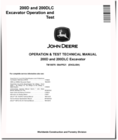 John Deere 200D and 200DLC Crawler Excavators Operation and Test Manual (TM10076)