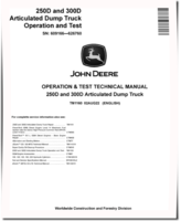 John Deere 250D and 300D Articulated Dump Trucks (SN: 609166-626760) Operation and Test Manual (TM1160)