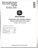 John Deere 331G and 333G Compact Track Loaders (SN: E314413-387237) Operation and Test Manual (TM14066X19)