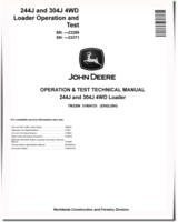 John Deere 244J (SN. before 23289) and 304J (SN. before 23371) Compact 4WD Loaders Operation and Test Manual (TM2206)