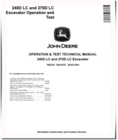 John Deere 240D LC and 270D LC Crawler Excavators Operation and Test Manual (TM2320)