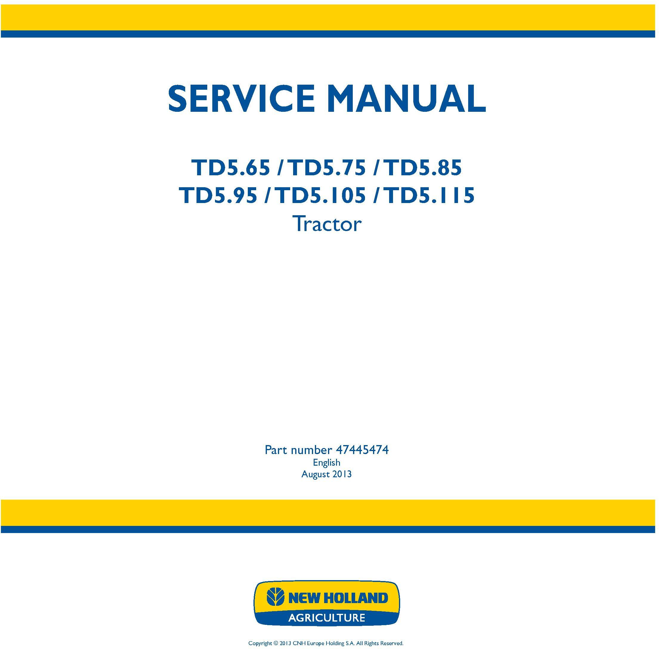 New Holland TD5.65, TD5.75, TD5.85, TD5.95, TD5.105, TD5.115 Tractor Service Manual - 19379