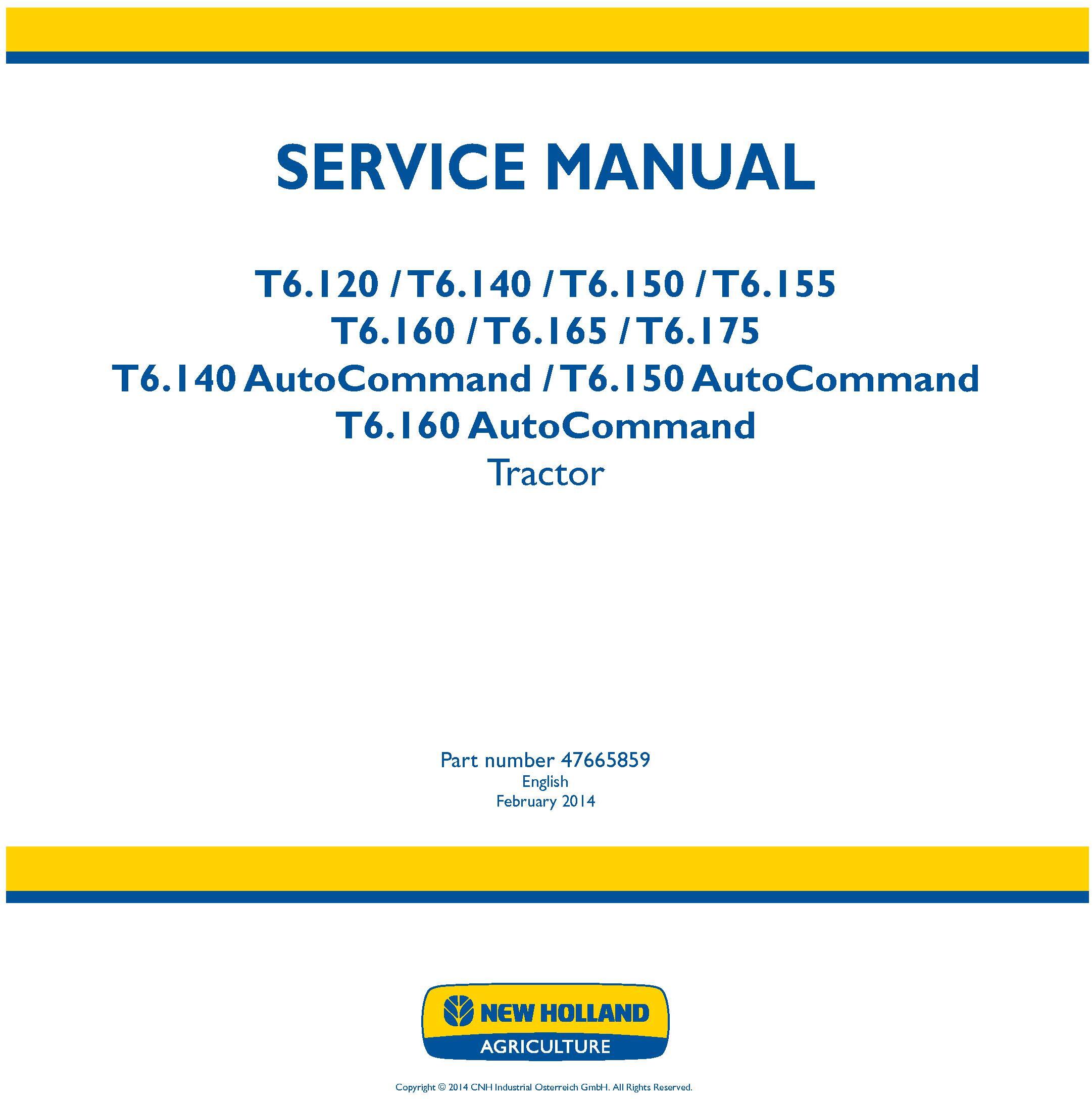 New Holland T6.120, T6.140, T6.150, T6.155, T6.160, T6.165, T6.175 European Tractor Service Manual - 19395