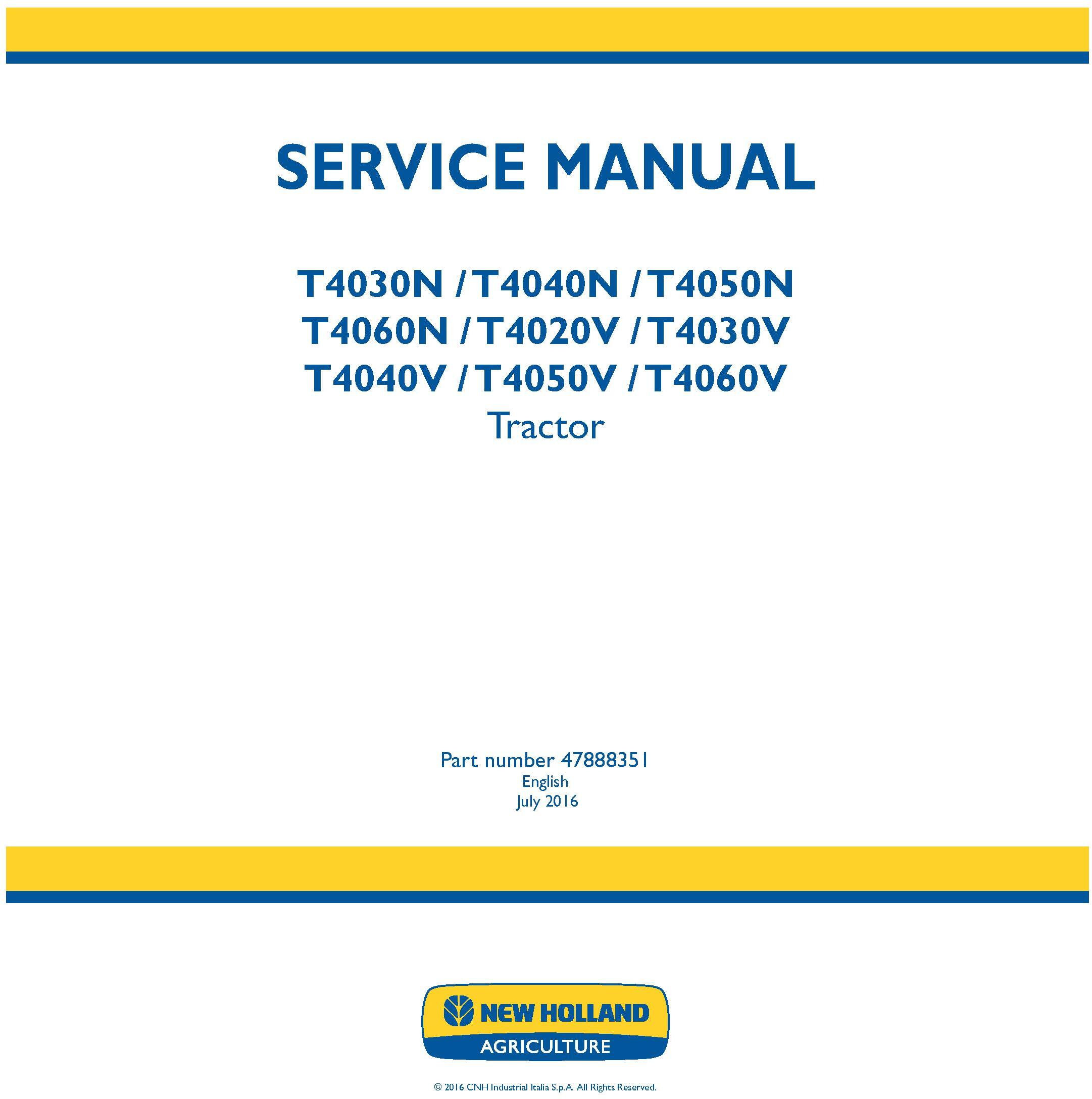 New Holland T4030N T4040N T4050N T4060N; T4020V T4030V T4040V T4050V T4060V Tractor Service Manual - 19435