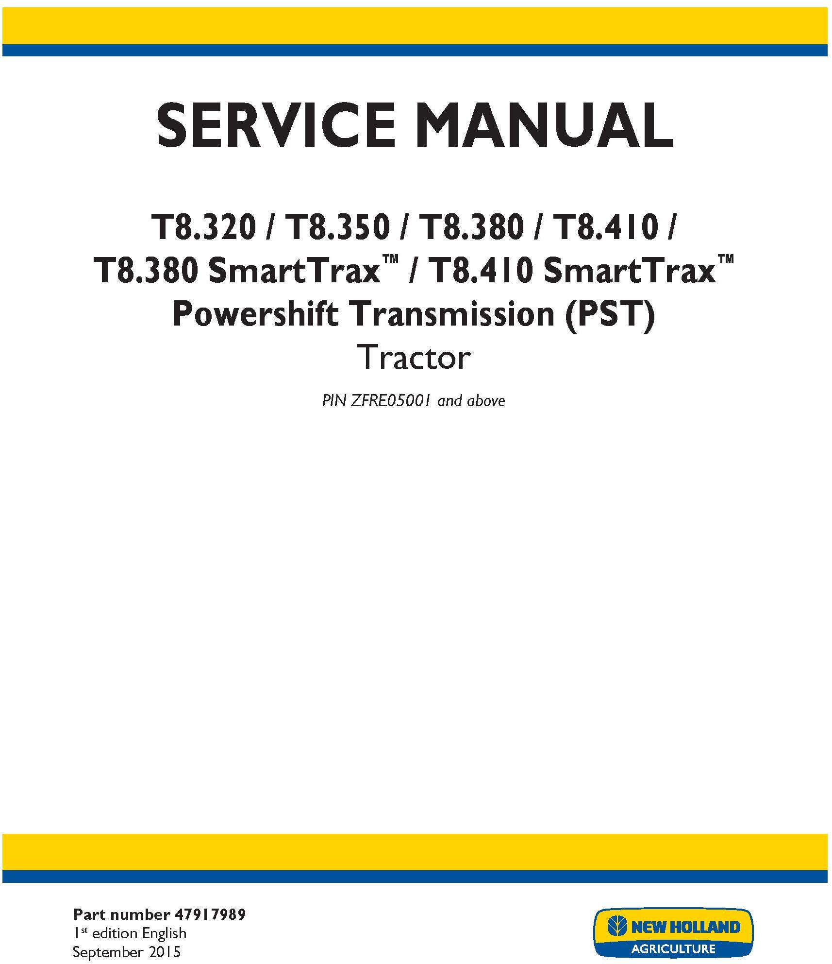 John Deere New Holland T8.380, T8.350, T8.380, T8.410 and SmartTrax with PST, Tier 4B Tractor service manual - 19454