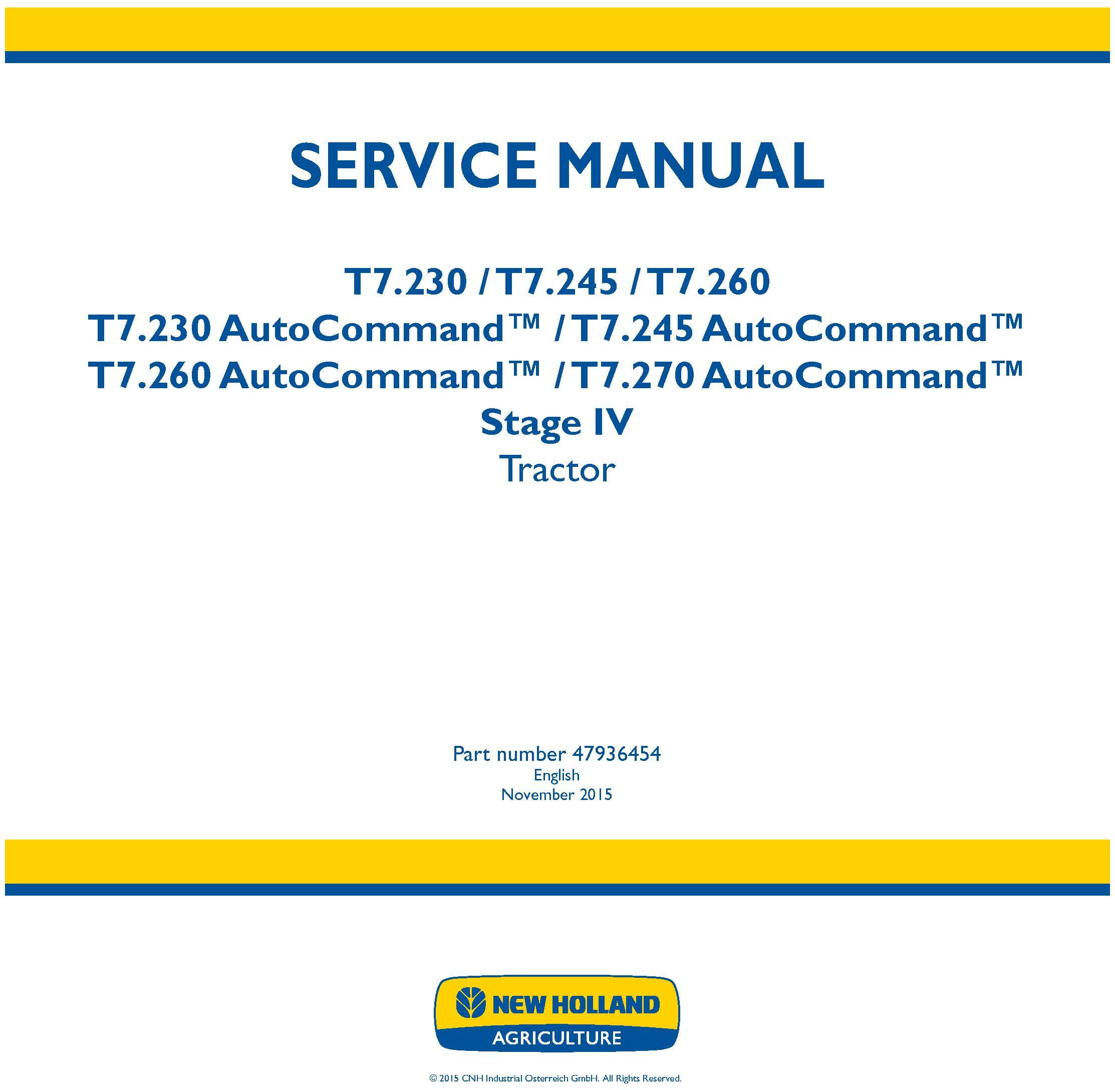 New Holland T7.230, T7.245, T7.260, T7.270 and AutoCommand Stage IV Tractor Service Manual (Europe) - 19463