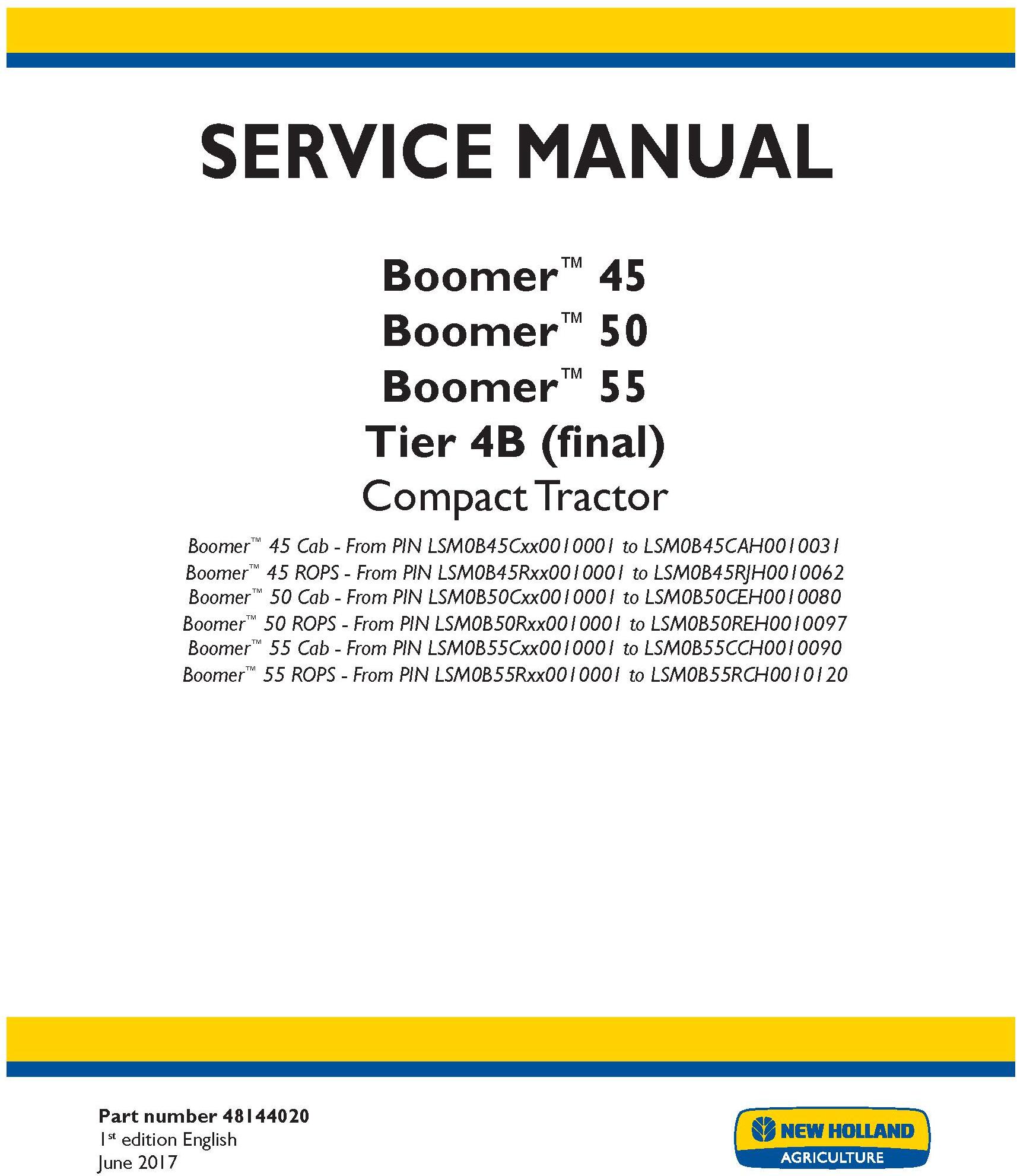 New Holland Boomer 45, Boomer 50, Boomer 55 Tier 4B final Compact Tractor Service Manual (USA) - 19498