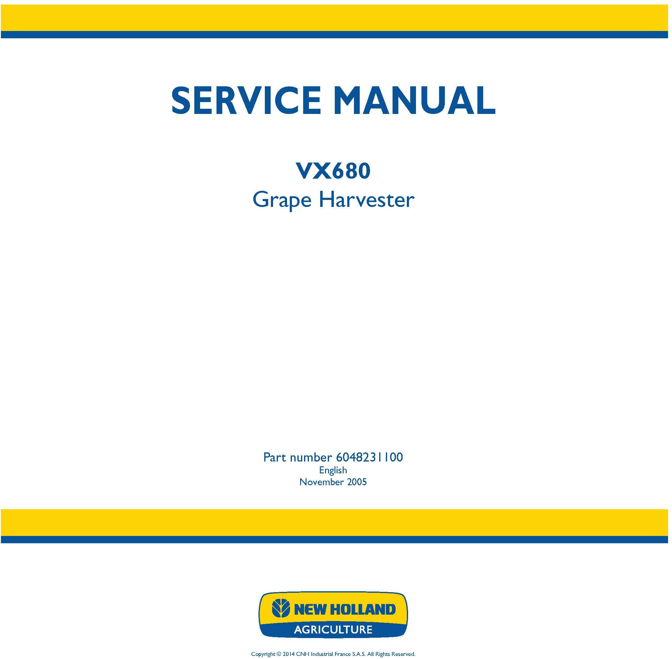 New Holland VX680 Grape Harvester Service Manual - 20010
