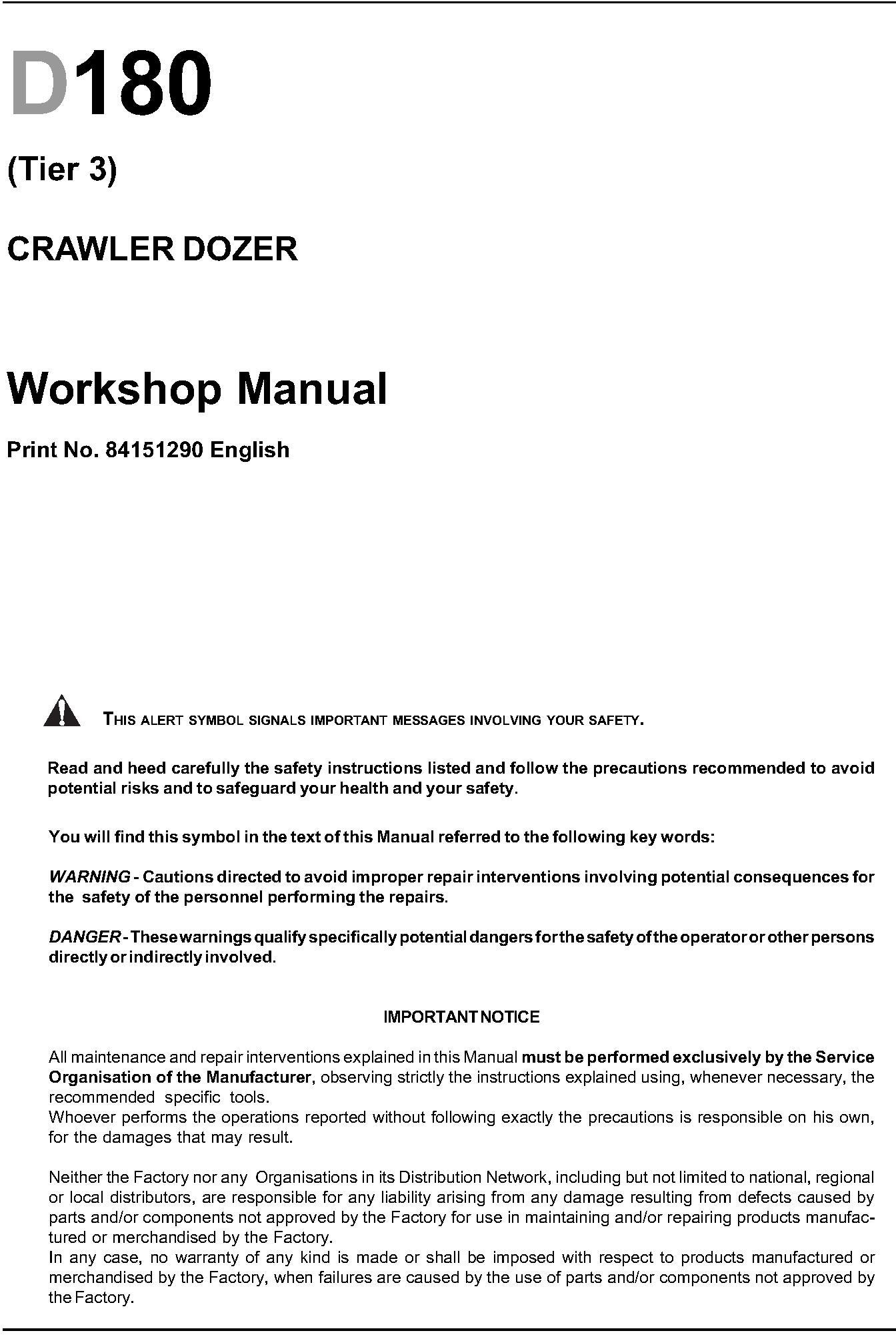 New Holland D180 Crawler Dozer Tier 3 Workshop Service Manual - 19981