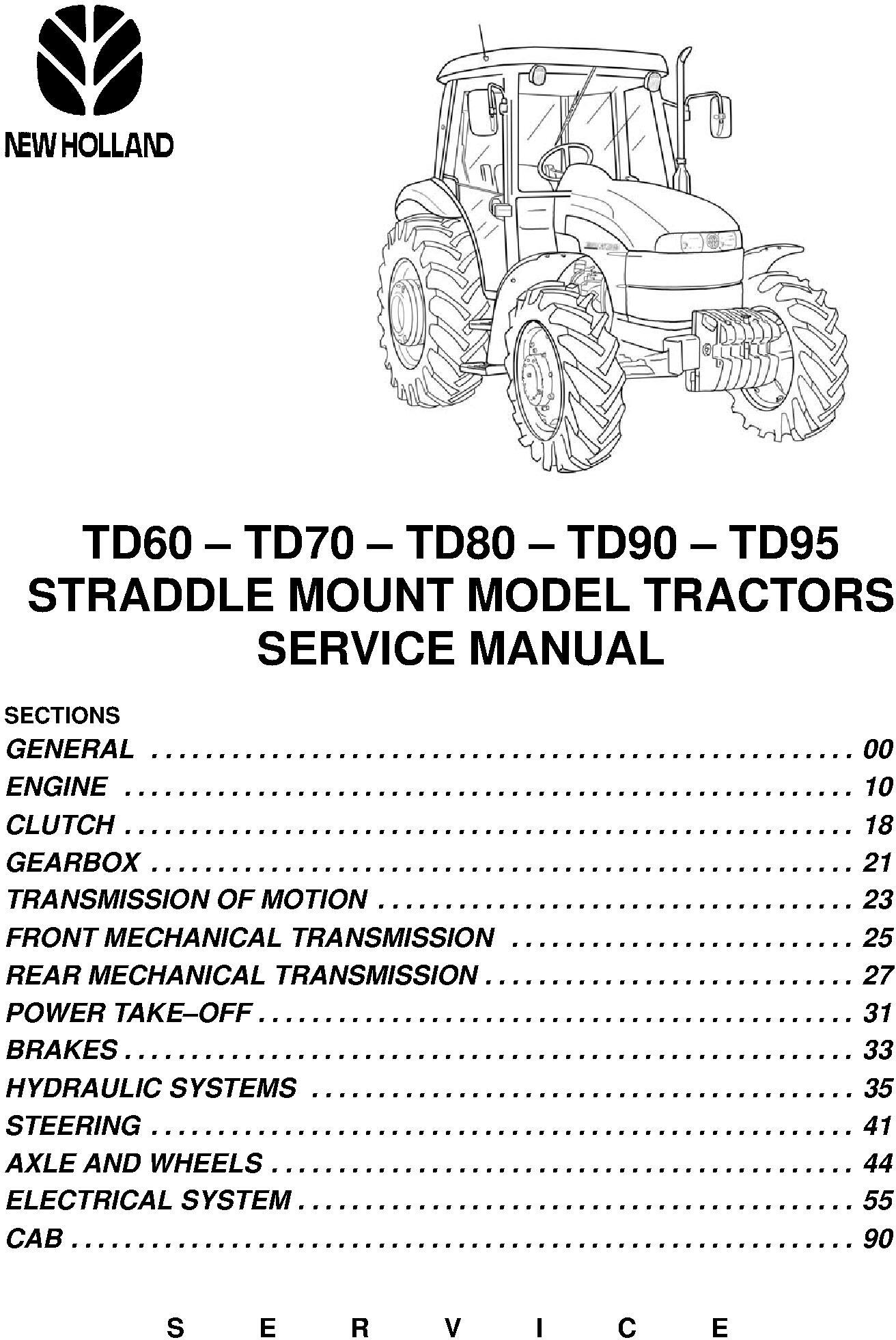 New Holland TD60, TD70, TD80, TD90, TD95 Straddle Mount Model Tractors Service Manual - 19565