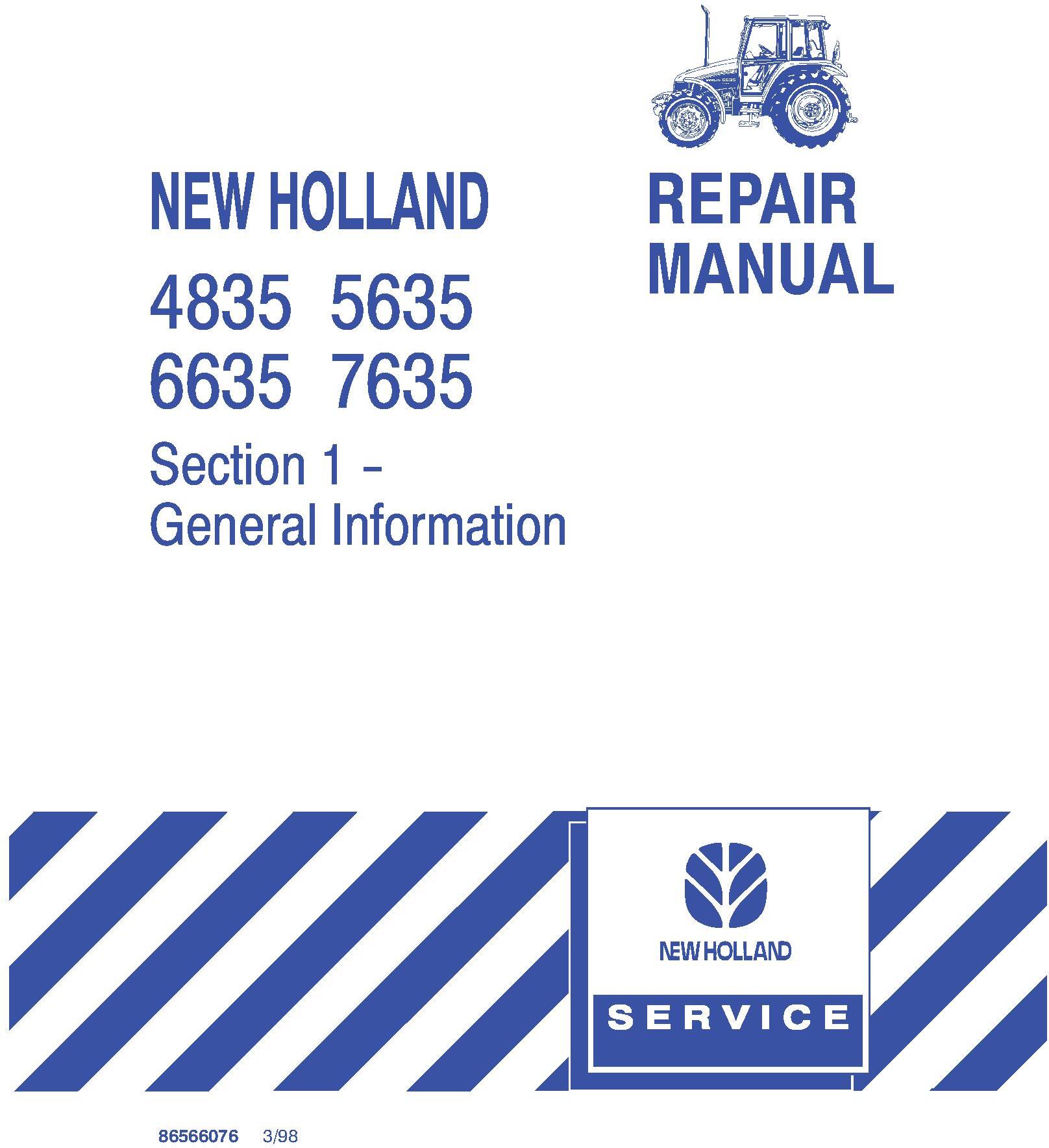 New Holland 4835, 5635, 6635, 7635 Tractor Complete Service Manual