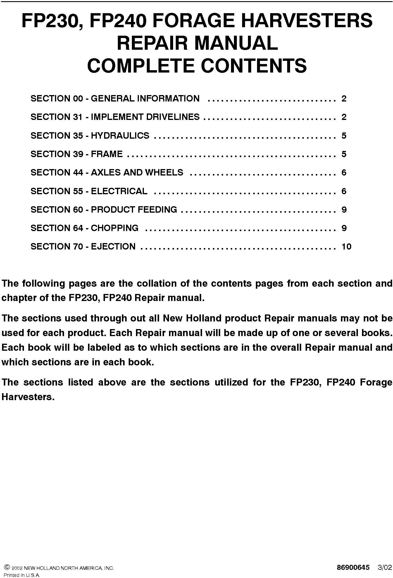 New Holland FP230, FP240 Forage Harvester Service Manual - 20024