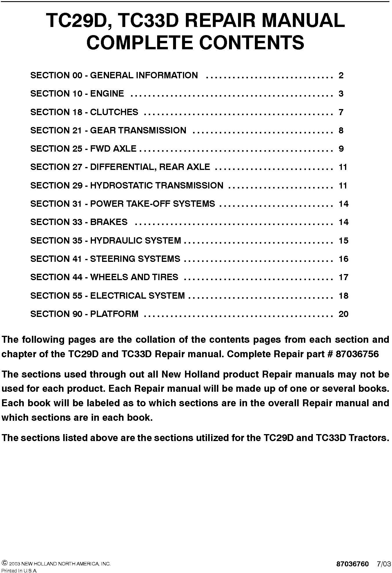 New Holland TC29D, TC33D Tractor Complete Service Manual - 19600