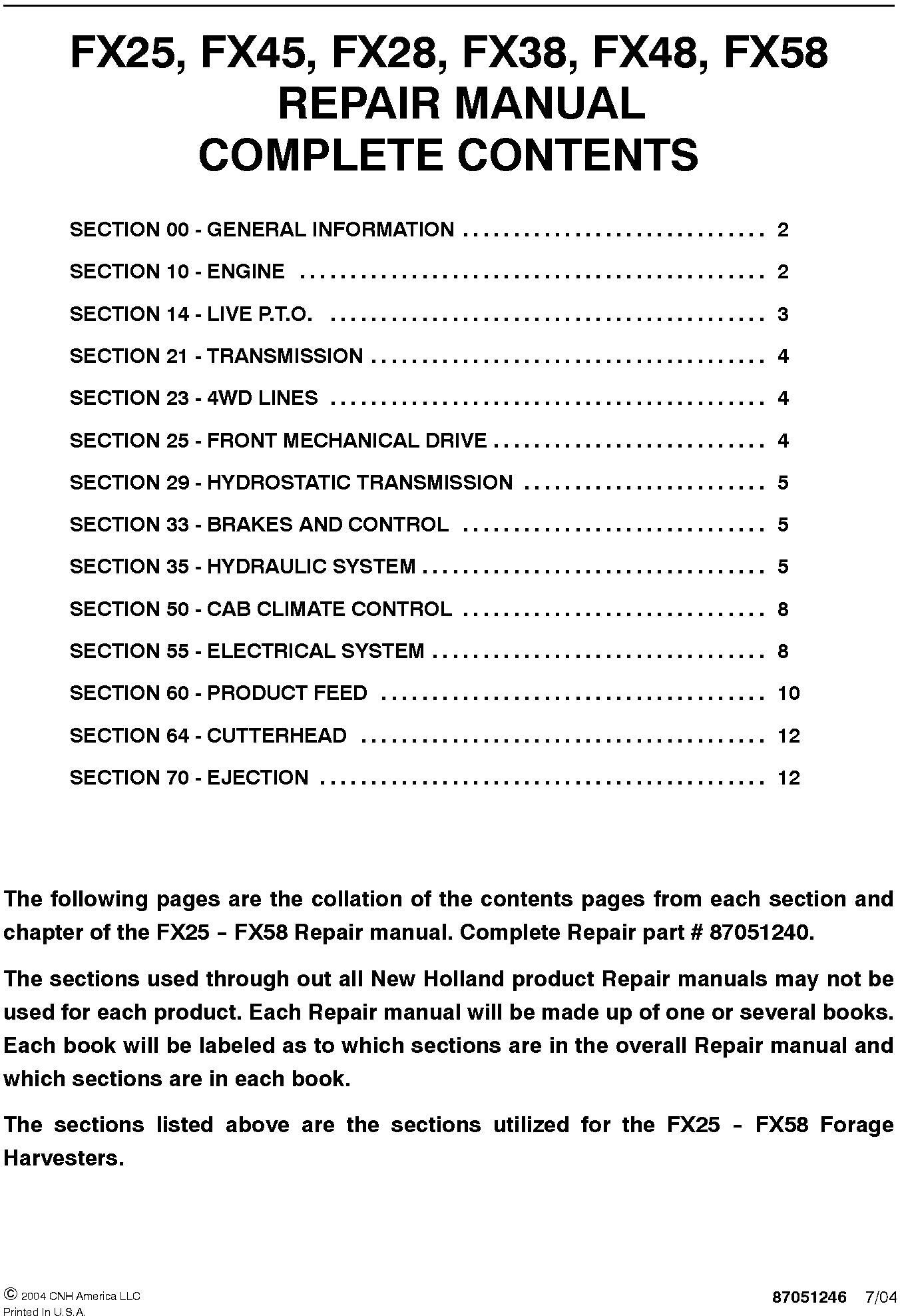New Holland FX25, FX28, FX38, FX45, FX48, FX58 Forage Harvester Complete Service Manual - 19371