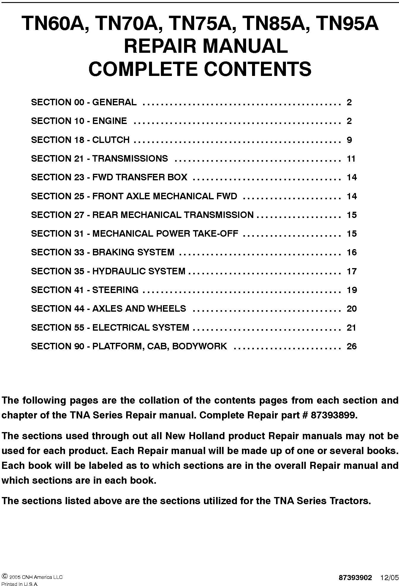 New Holland TN60A, TN70A, TN75A, TN85A, TN95A Tractors Complete Service Manual - 19615