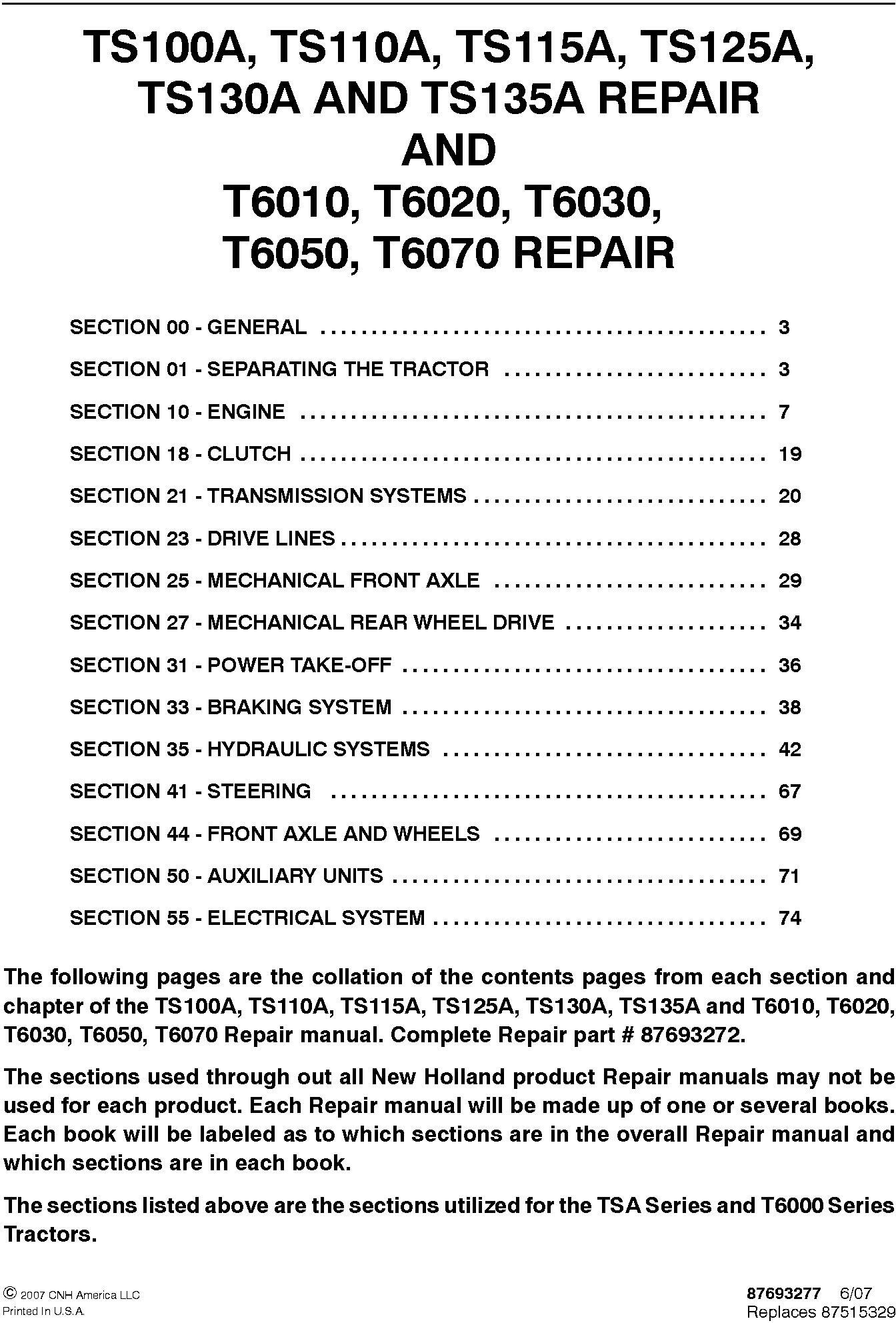New Holland TS100A, TS110A, TS115A, TS125A, TS130A, TS135A, T6010, T6020, T6030,T6050 Service Manual - 19631