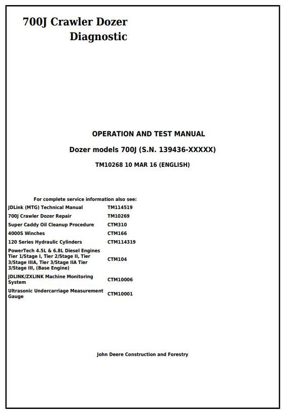 TM10268 - John Deere 700J Crawler Dozer (S.N.from 139436) Diagnostic, Operation & Test Service Manual