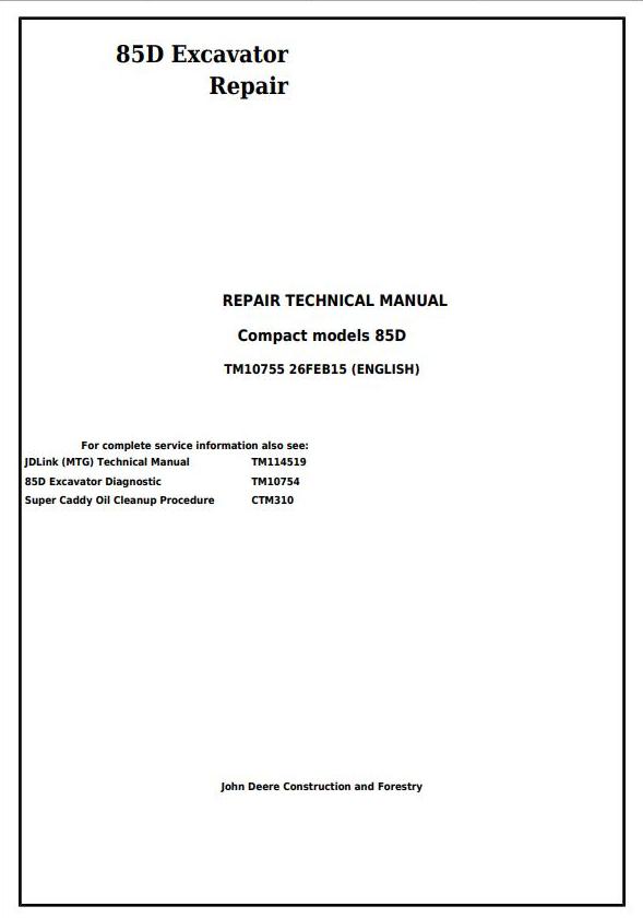TM10755 - John Deere 85D Excavator Service Repair Technical Manual - 17609
