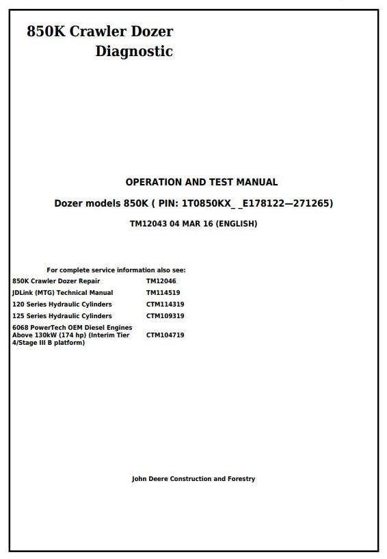TM12043 - John Deere 850K Crawler Dozer (PIN: 1T0850KX__E178122-271265) Diagnostic, Test Service Manual - 17421