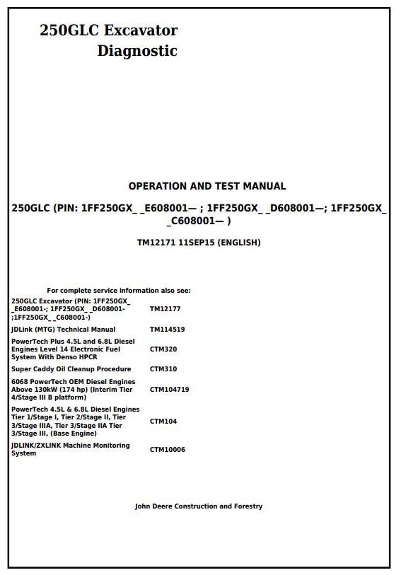 TM12171 - John Deere 250GLC Excavator Diagnostic, Operation and Test Service Manual - 17612