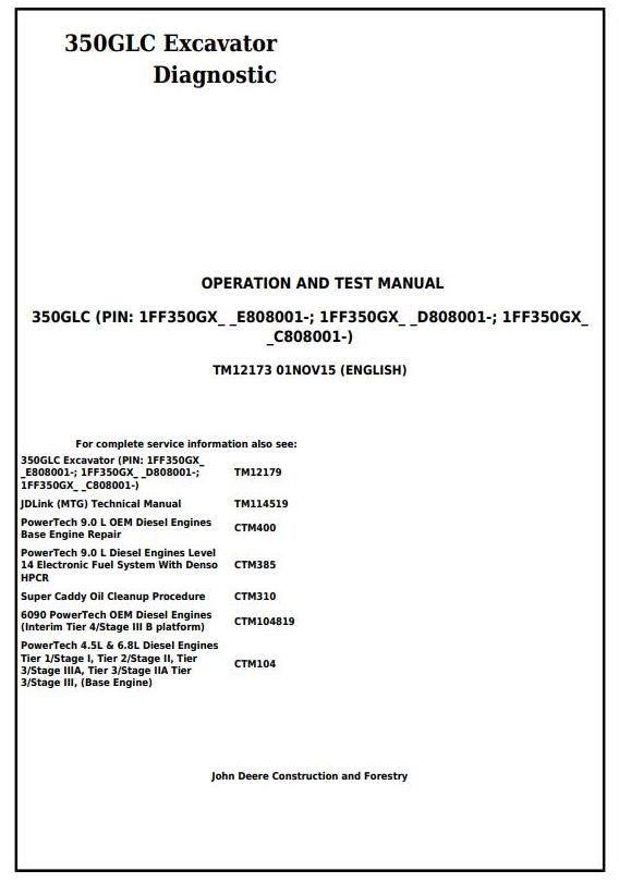 TM12173 - John Deere 350GLC Excavator Diagnostic, Operation and Test Service Manual - 17614