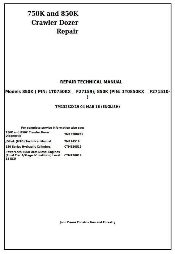 TM13282X19 - John Deere 750K and 850K Crawler Dozer (PIN:1T0*50KX__F2715**-) Service Repair Manual - 17443
