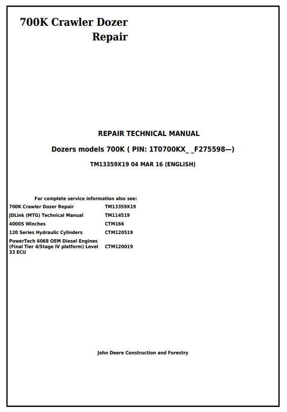 TM13359X19 - John Deere 700K Crawler Dozer (S.N. from 275598) Service Repair Technical Manual - 17447