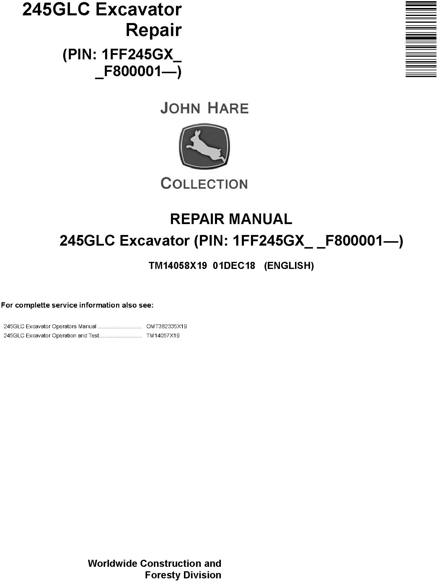 John Deere 245GLC (SN. From F800001) Excavator Service Repair Technical Manual (TM14058X19) - 19151