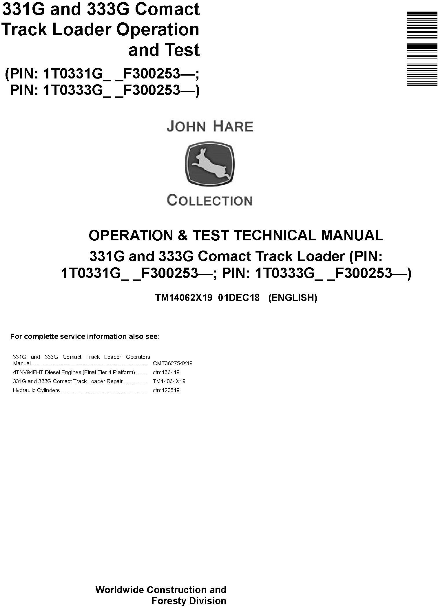 John Deere 331G and 333G Comact Track Loader Operation & Test Technical Service Manual (TM14062X19) - 19084