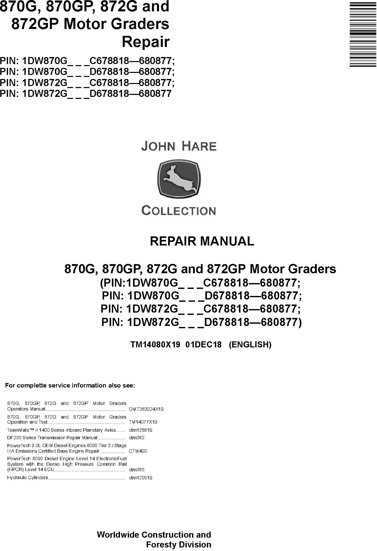 John Deere 870G, 870GP, 872G, 872GP (SN. C678818-680877) Motor Graders Repair Manual (TM14080X19) - 19000
