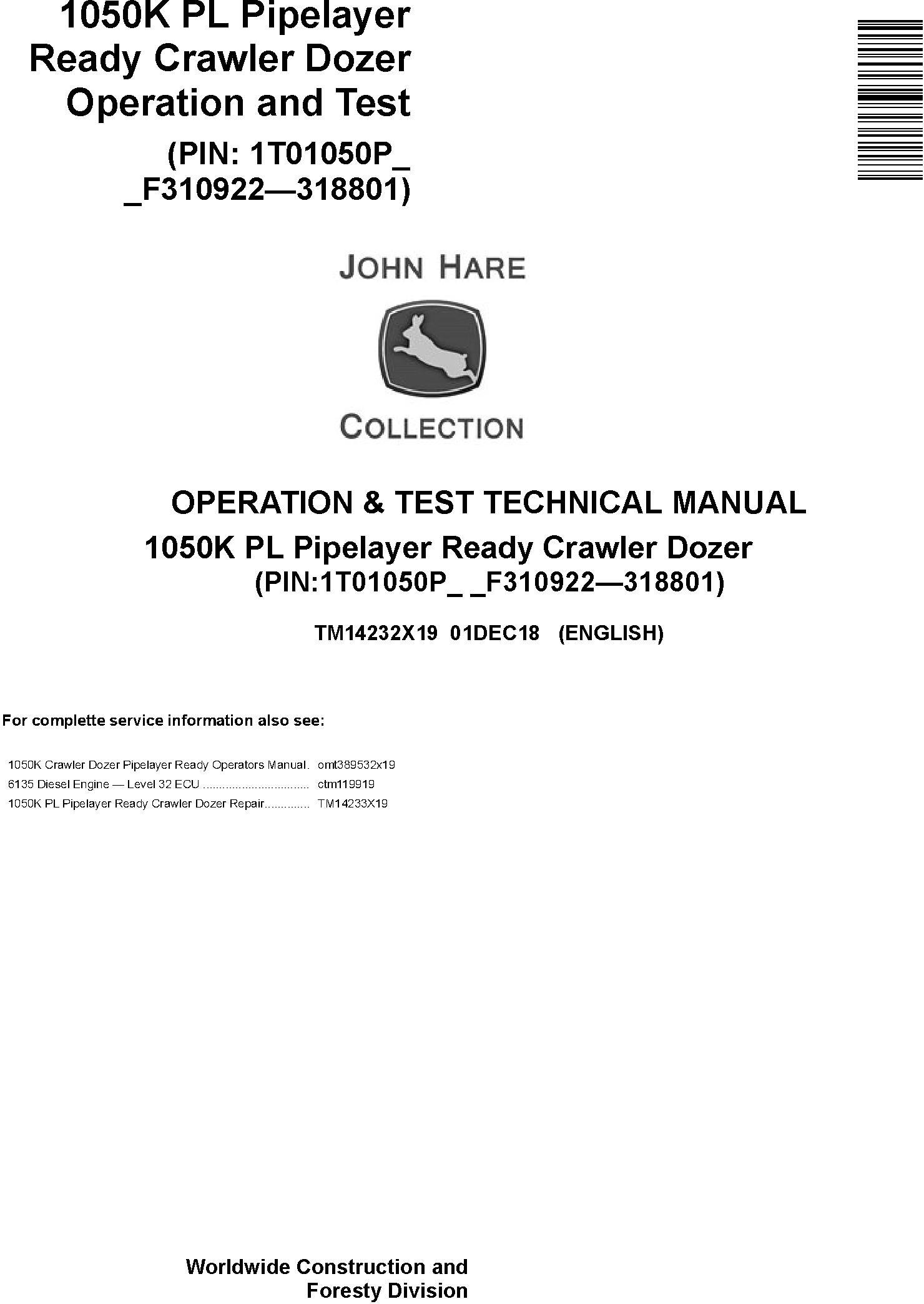 John Deere 1050K PL (SN.F310922-318801) Pipelayer Ready Crawler Dozer Diagnostic Manual (TM14232X19)