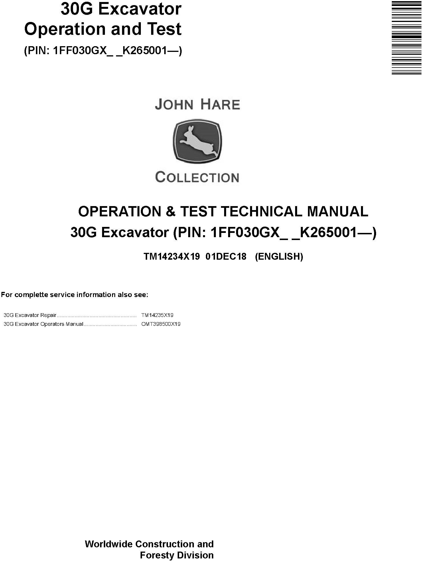 John Deere 30G (SN.from K265001) Excavator Operation & Test Technical Service Manual (TM14234X19) - 19156