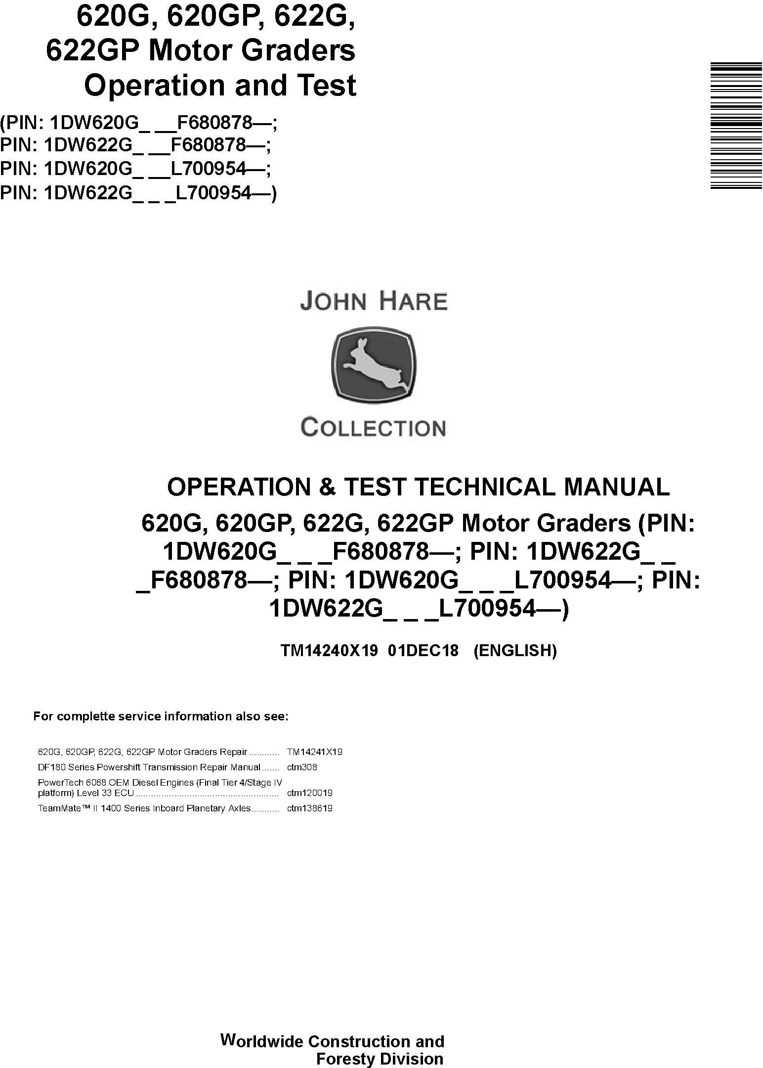 John Deere 620G,620GP,622G,622GP (SN.F680878-,L700954-) Motor Graders Diagnostic Manual (TM14240X19)
