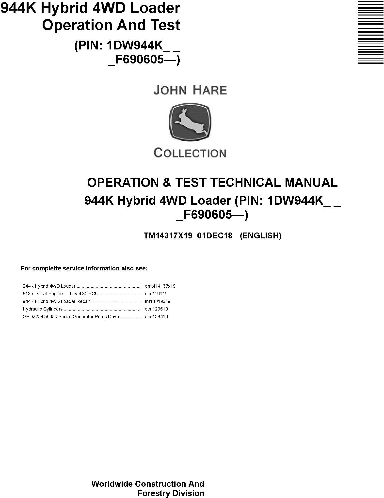 John Deere 944K Hybrid 4WD Loader (SN.F690605-) Operation&Test Technical Service Manual (TM14317X19) - 19071