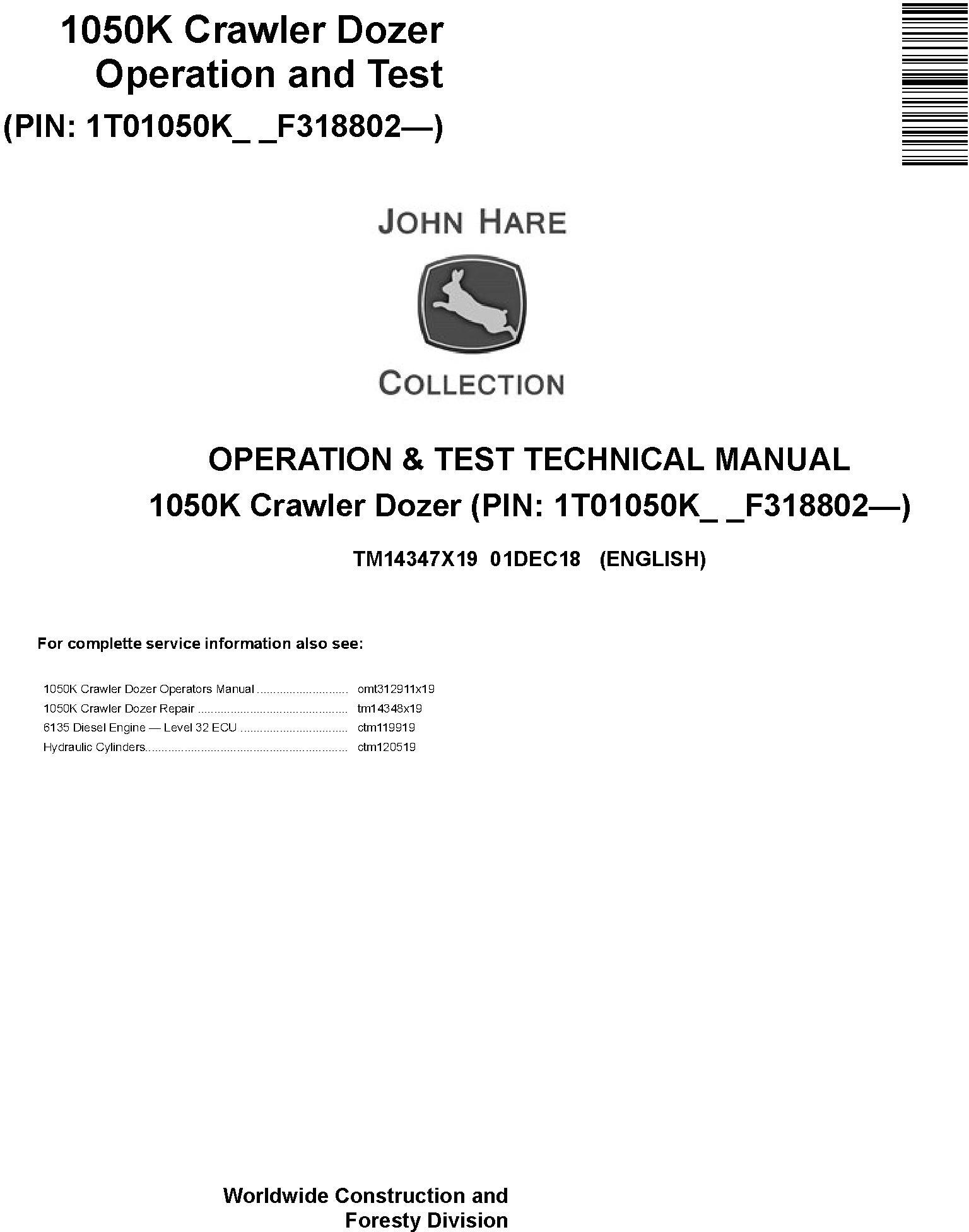 John Deere 1050K (SN. F318802-) Crawler Dozer Operation & Test Technical Manual (TM14347X19) - 19037