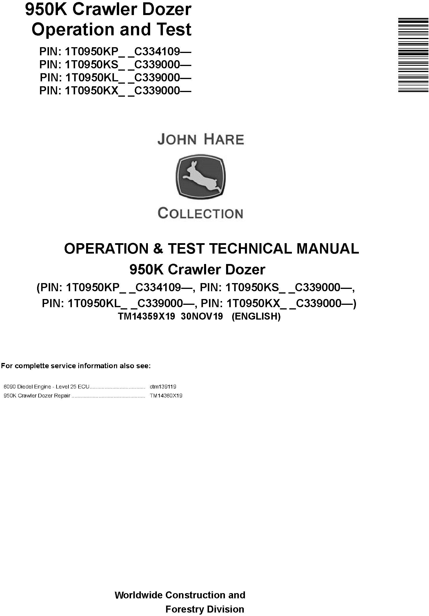 John Deere 950K Crawler Dozer Operation & Test Technical Manual (TM14359X19)