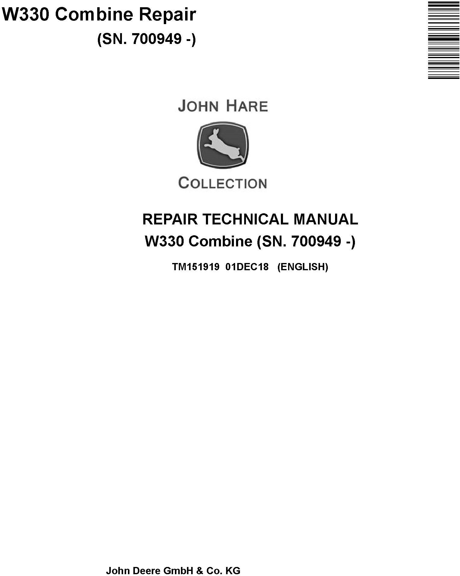 John Deere W330 Combine (SN.700949-) Repair Technical Service Manual (TM151919) - 19223