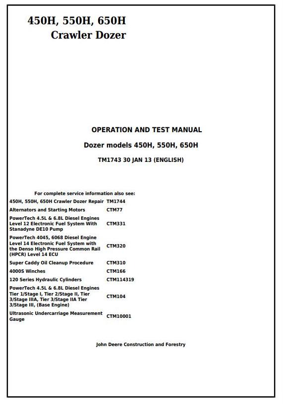 TM1743 - John Deere 450H, 550H, 650H Crawler Dozer Diagnostic, Operation and Test Service Manual - 17456