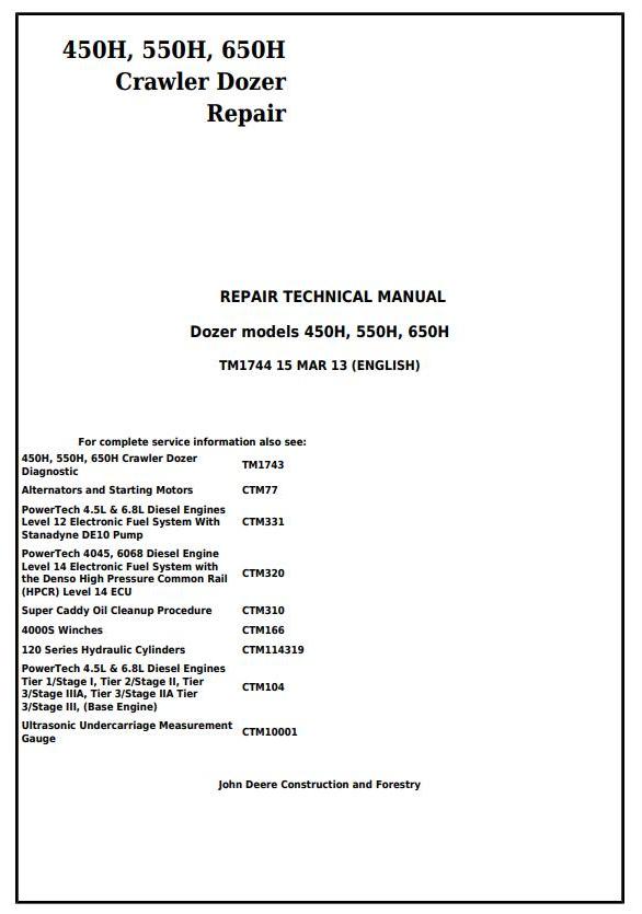 TM1744 - John Deere 450H, 550H, 650H Crawler Dozer Service Repair Technical Workshop Manual - 17457