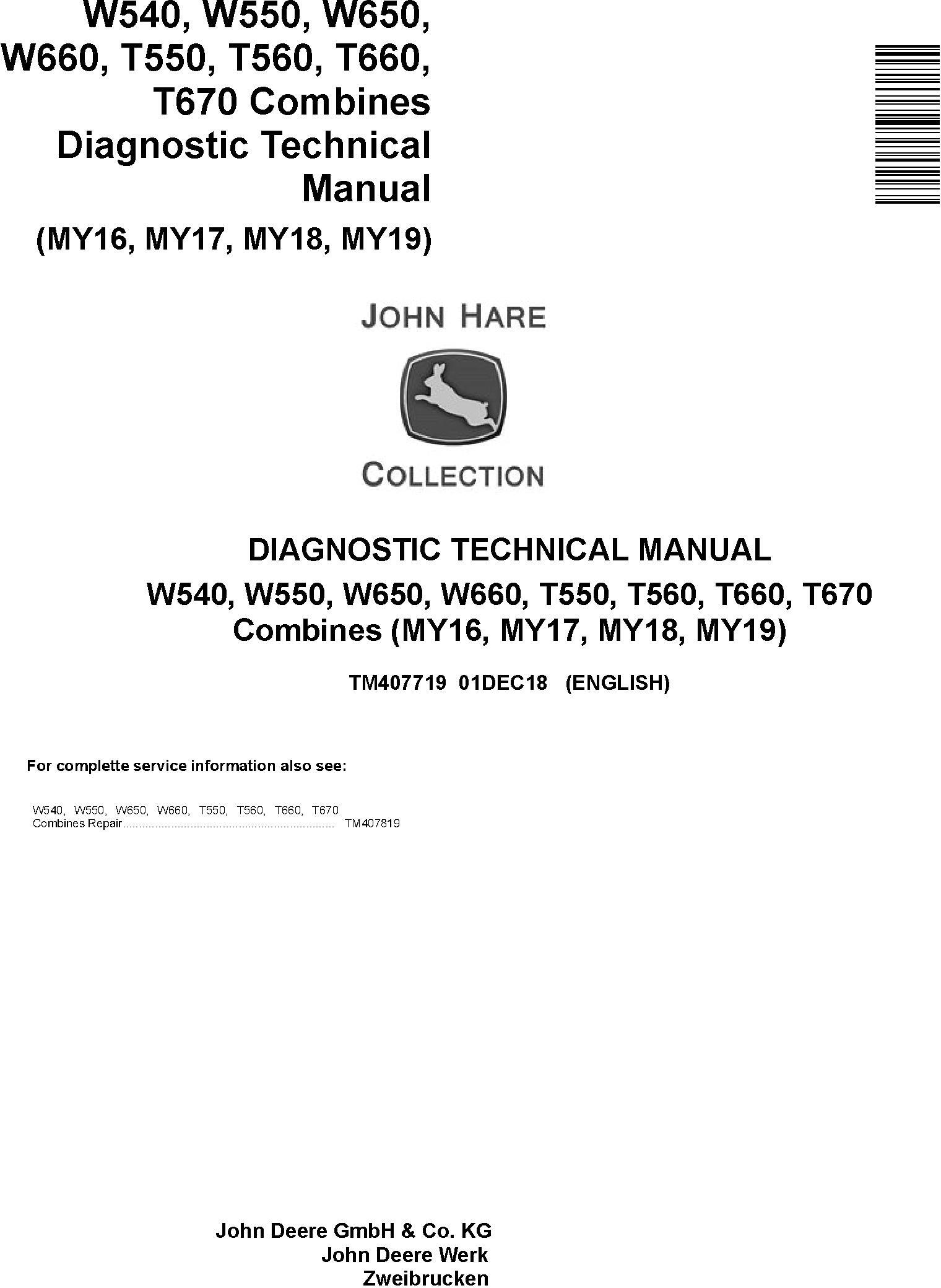 John Deere W540 W550 W650 W660, T550 T560 T660 T670 Combines Diagnostic Technical Manual (TM407719) - 19226