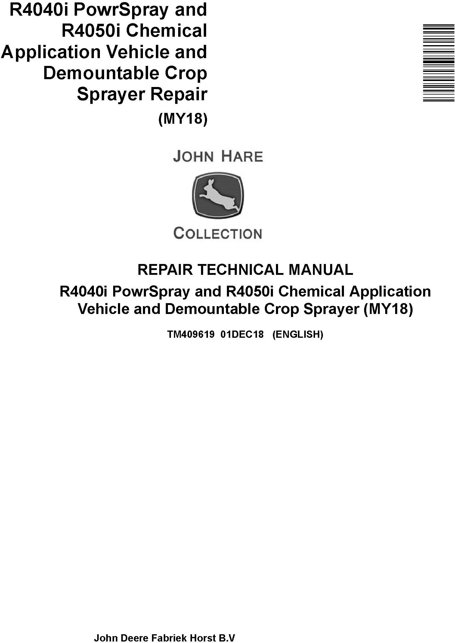 John Deere R4040i, R4050i Demountable Crop Sprayer (MY18) Repair Technical Service Manual (TM409619) - 19261