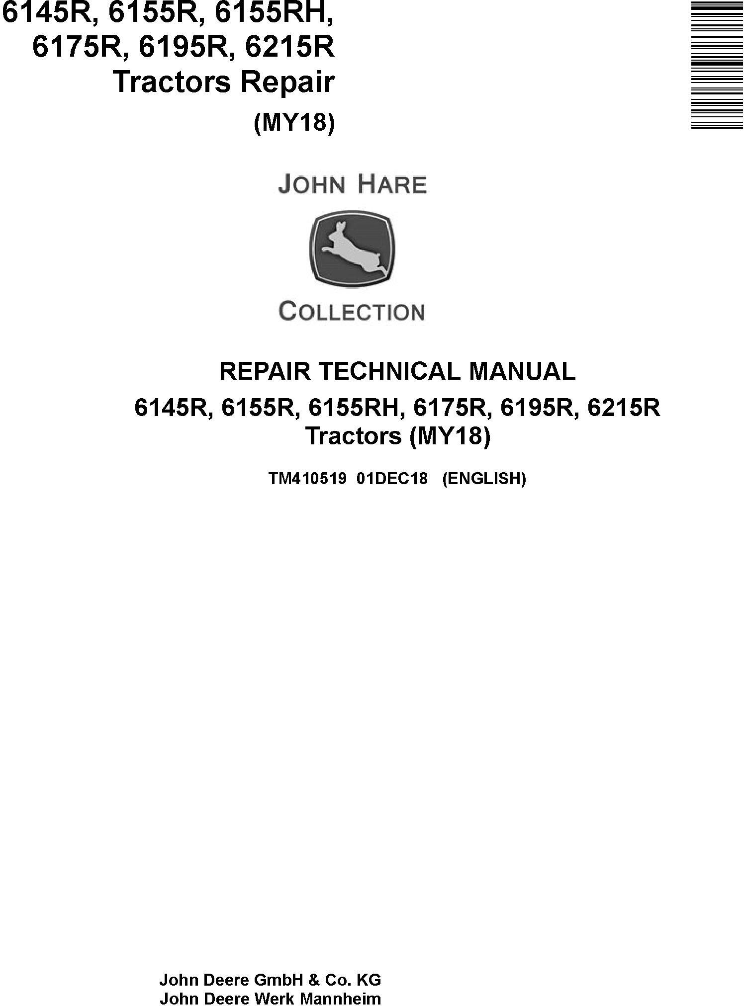 John Deere 6145R, 6155R, 6155RH, 6175R, 6195R, 6215R MY18 Tractor Repair Technical Manual (TM410519) - 19134