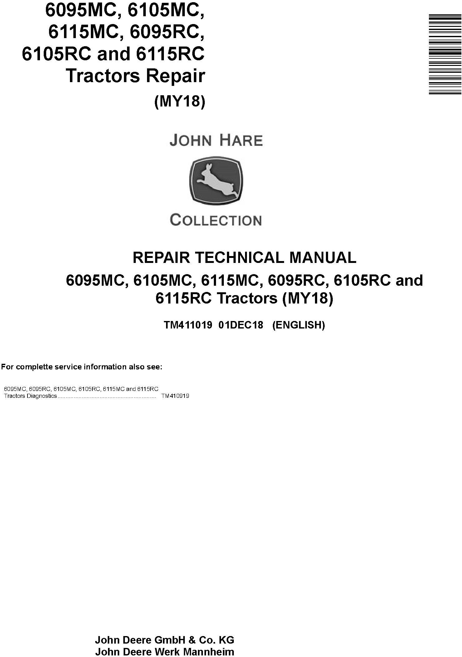 John Deere 6095MC, 6095RC, 6105MC, 6105RC, 6115MC, 6115RC Tractor Repair Technical Manual (TM411019) - 19139