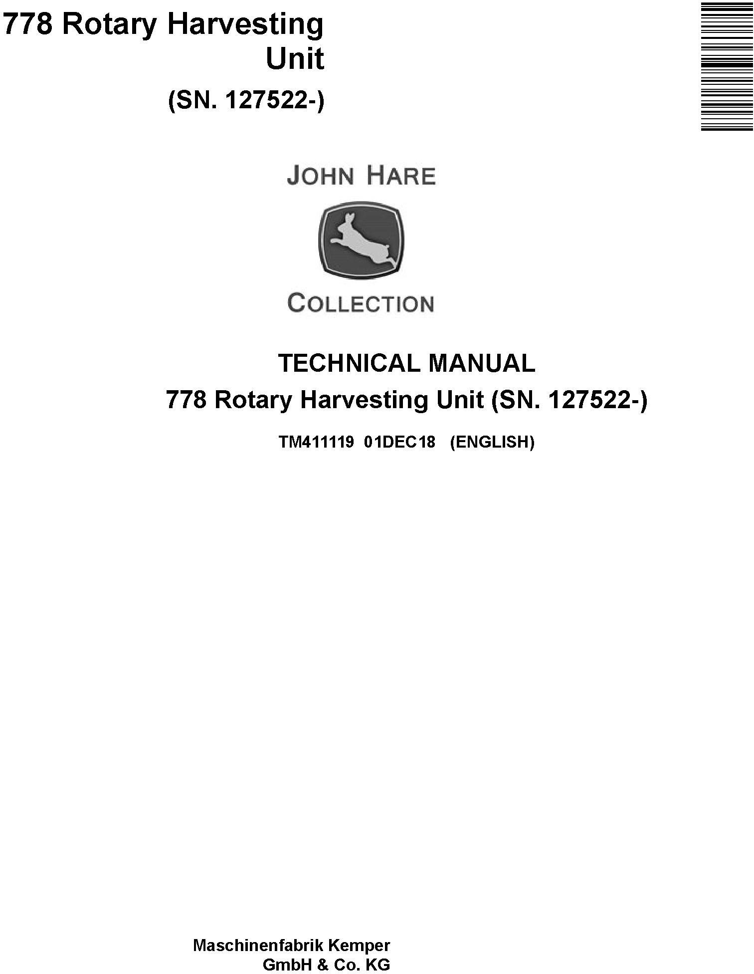 John Deere 778 Rotary Harvesting Unit (SN. 127522-) Technical Manual (TM411119)
