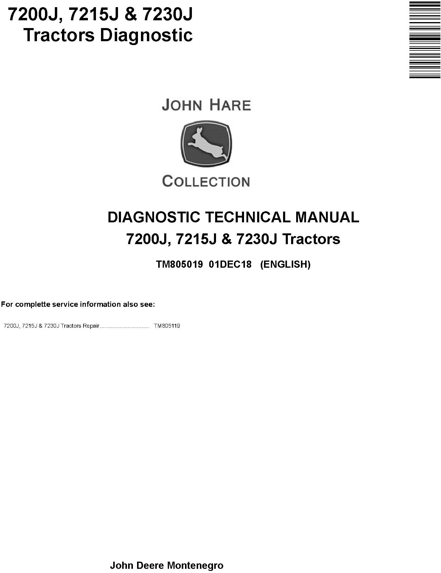 John Deere 7200J, 7215J and 7230J Tractors Diagnostic Technical Service Manual (TM805019)