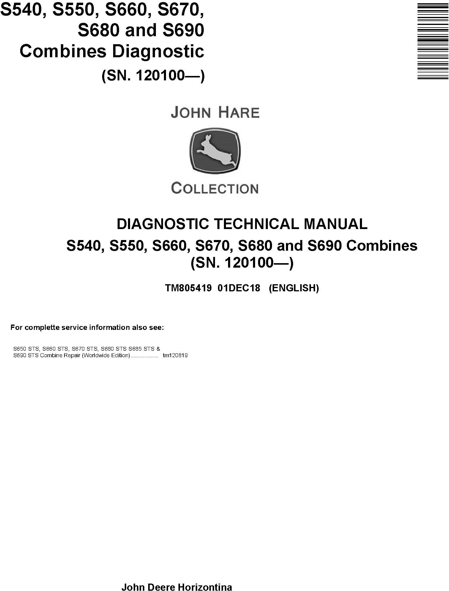 John Deere S540, S550, S660, S670, S680, S690 Combines (SN.120100-) Diagnostic Manual (TM805419)