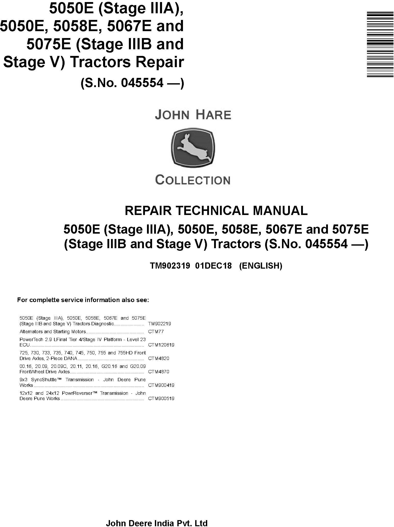 John Deere 5050E, 5050E, 5058E, 5067E, 5075E Tractors Service Repair Technical Manual (TM902319) - 19124