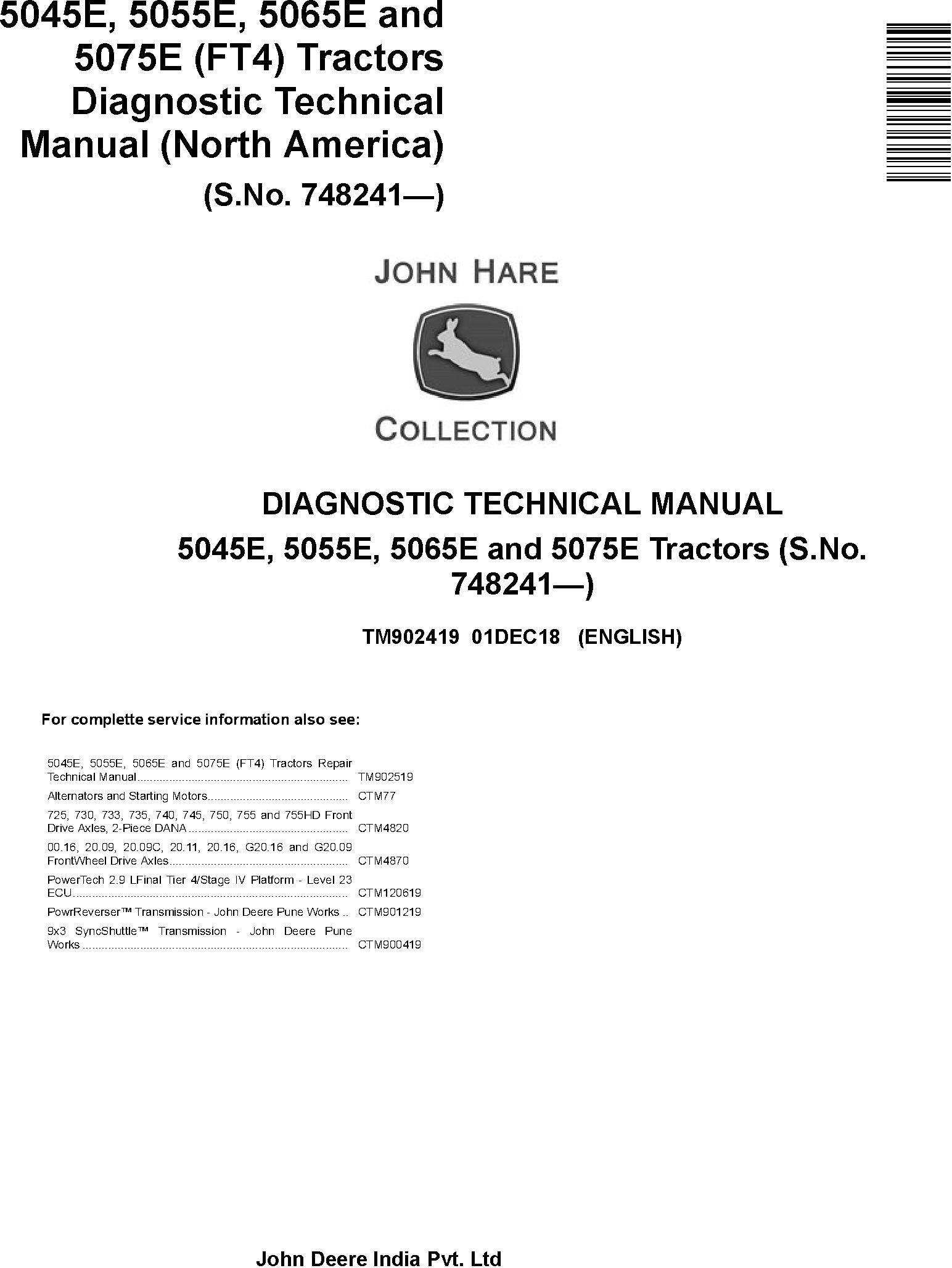 John Deere 5045E, 5055E, 5065E, 5075E USA Tractors Diagnostic Technical Service Manual (TM902419)